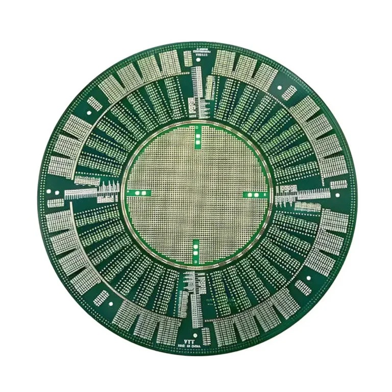 A high-definition cross-section micrograph showing advanced HDI PCB technology with multiple embedded microvias, a central core, and extremely fine trace lines (mSAP) on top and bottom layers.